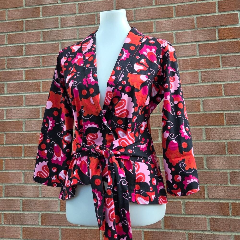 Anni Kuan Printed Signature Tie Waist Jacket Size Small